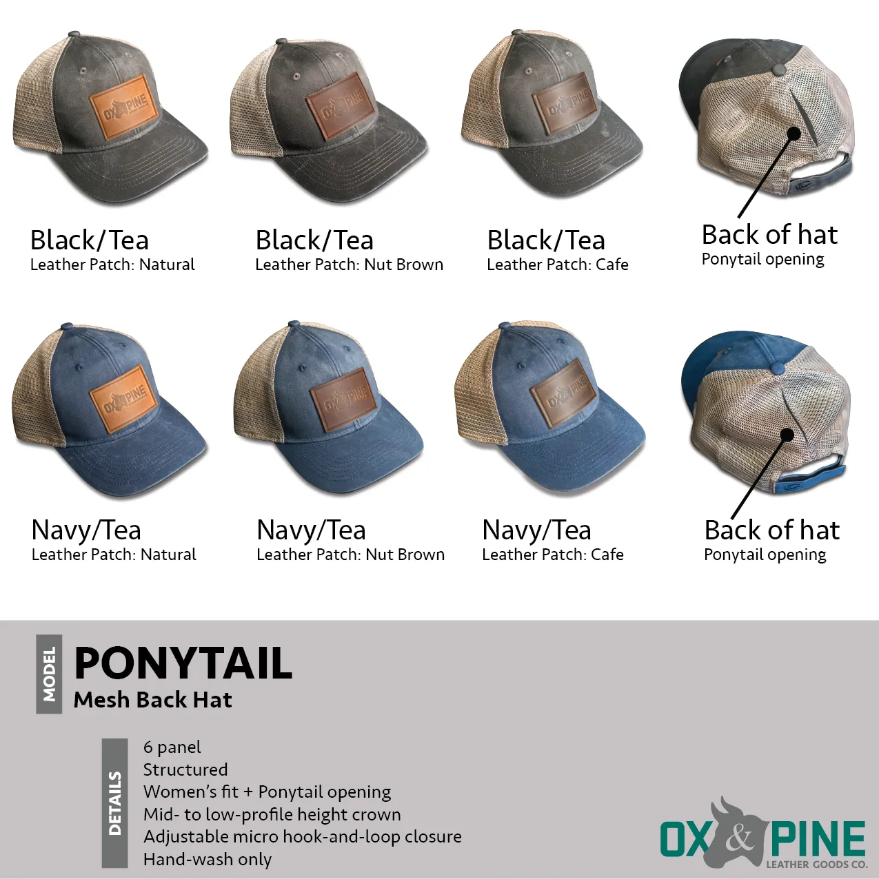 Leather Patch Ponytail Style Hat - Mom Cursive Stamp