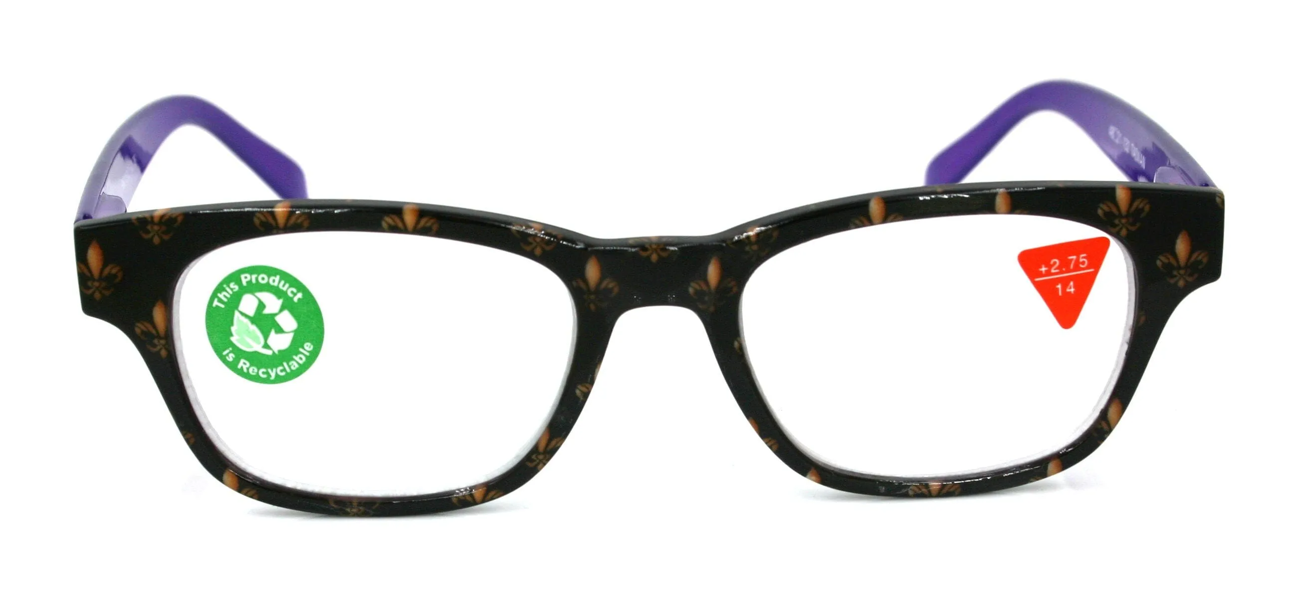 Lilly, (Premium) Reading Glasses (Fleur De Lis)  1 ..  3 Magnifying, Fashion Square Optical Frame. (Purple, Gold, Black) NY Fifth Avenue.