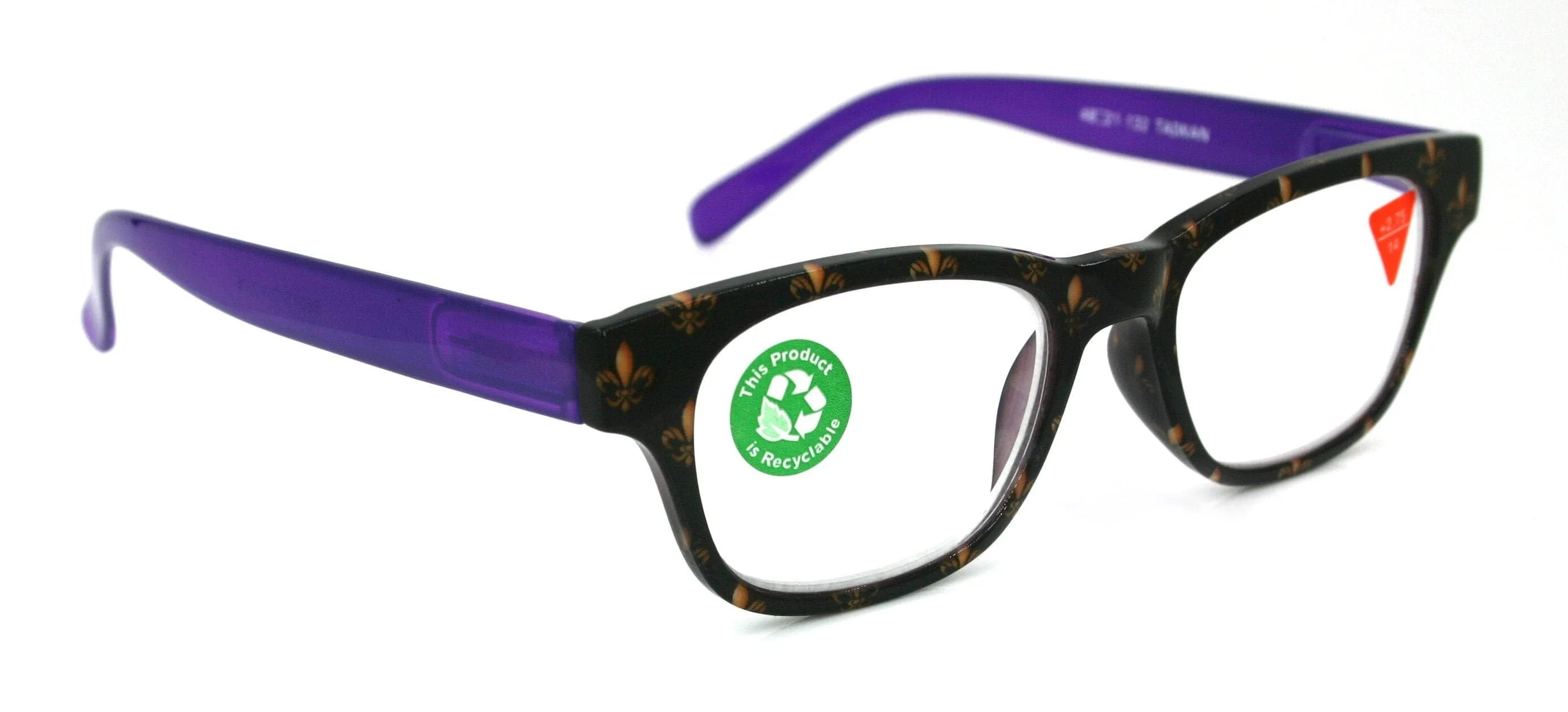 Lilly, (Premium) Reading Glasses (Fleur De Lis)  1 ..  3 Magnifying, Fashion Square Optical Frame. (Purple, Gold, Black) NY Fifth Avenue.