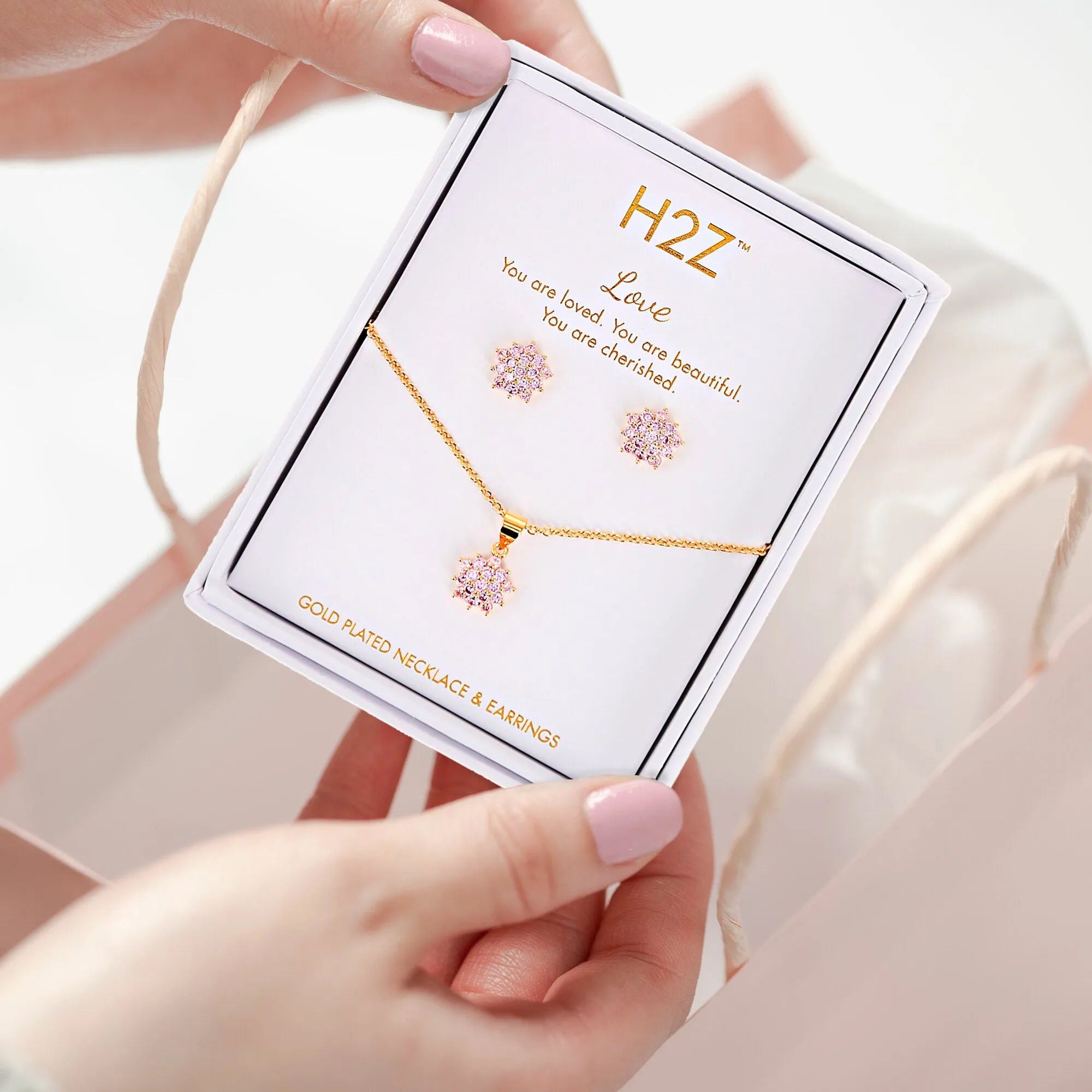 Love Floral Burst Rose Zircon - 16.5"-18.5" Inspirational 18K Gold Plated Gift Set
