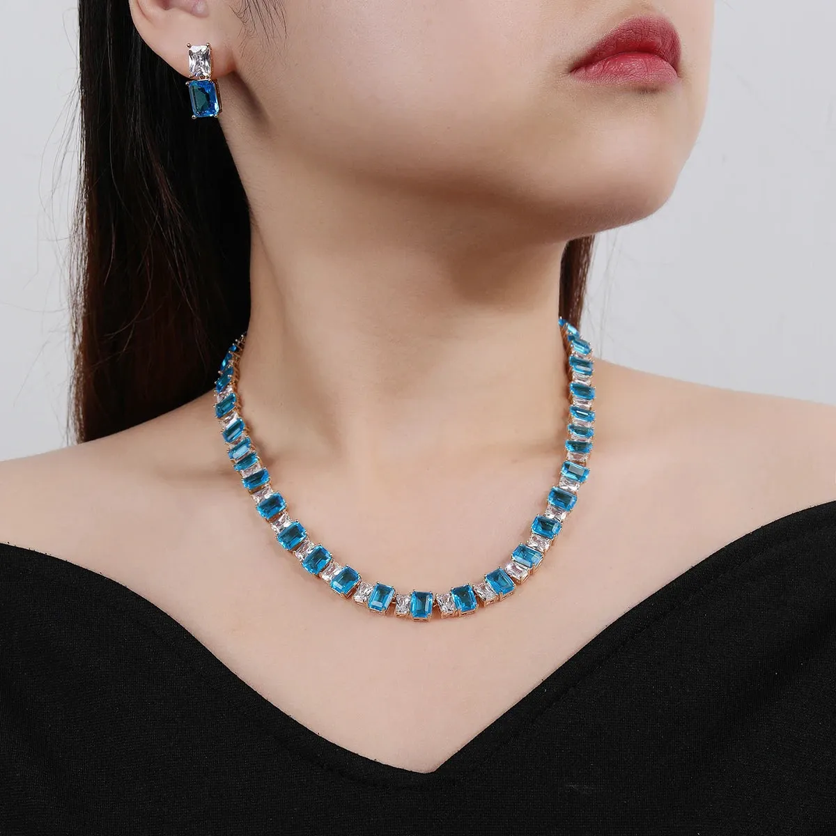 Luxury Square Shape Cubic Zircon Necklace Earring 2Piece Jewelry Sets Women Wedding Bridal Jewelry Accessories CN11142
