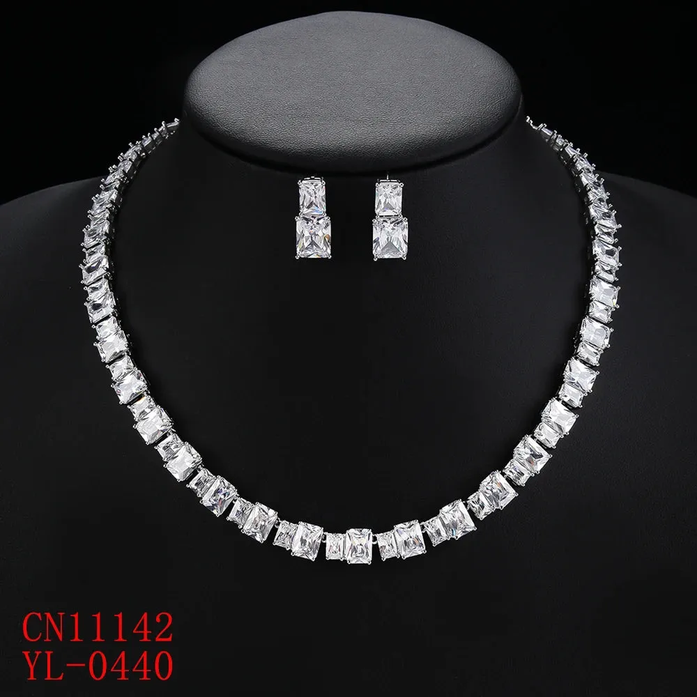 Luxury Square Shape Cubic Zircon Necklace Earring 2Piece Jewelry Sets Women Wedding Bridal Jewelry Accessories CN11142