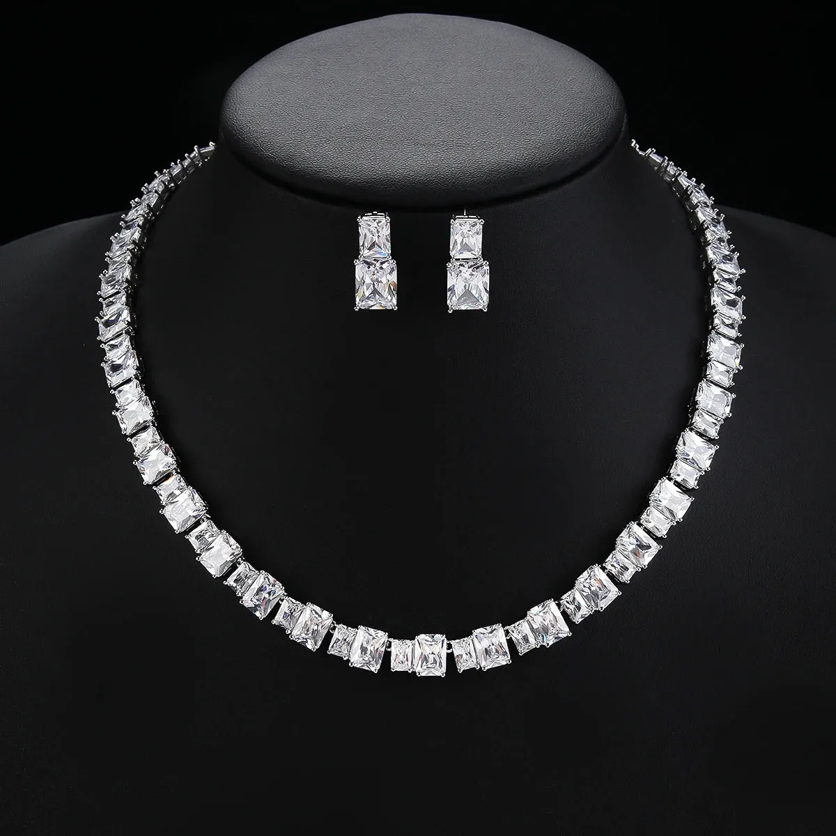 Luxury Square Shape Cubic Zircon Necklace Earring 2Piece Jewelry Sets Women Wedding Bridal Jewelry Accessories CN11142