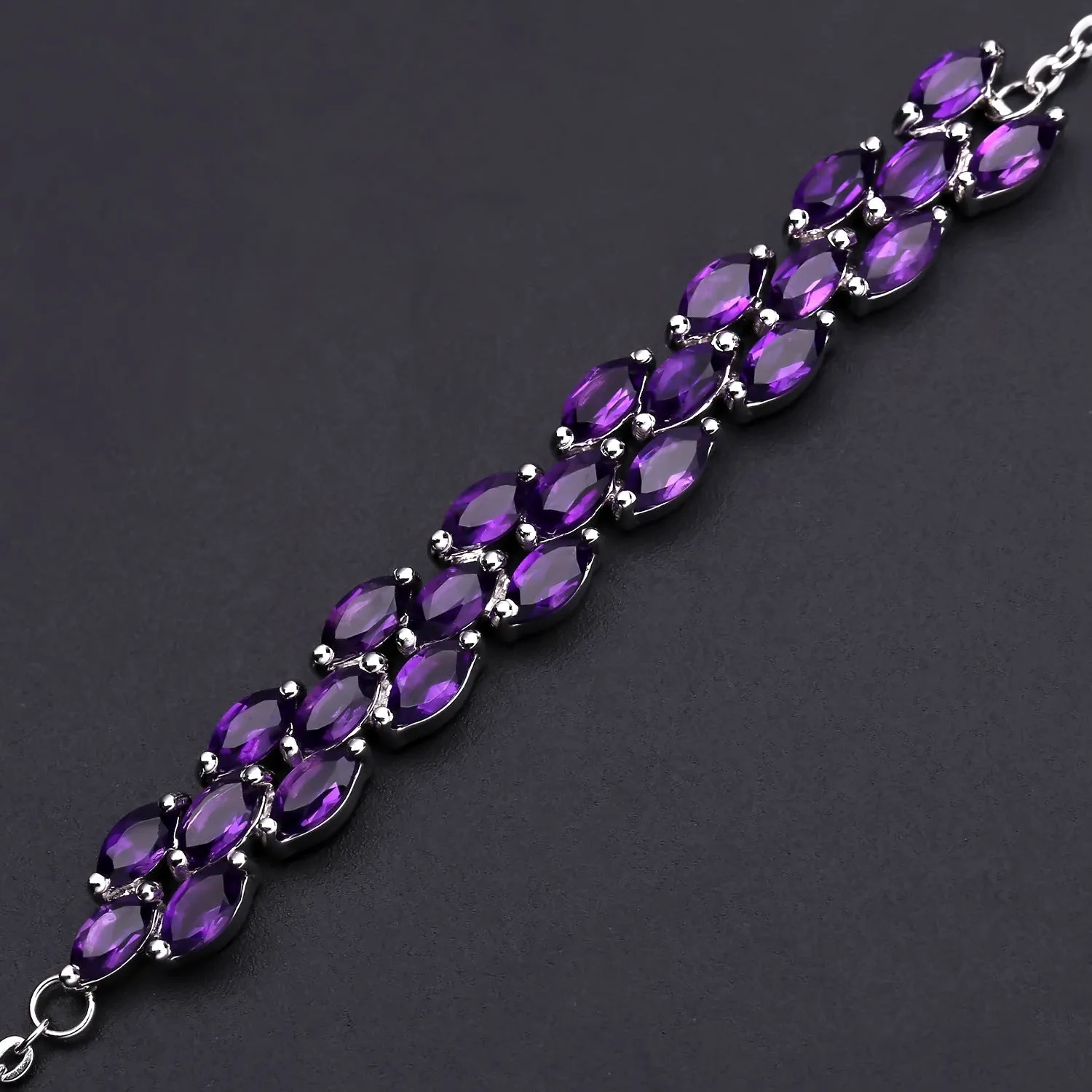 Marquise Shape Natural Amethyst Silver Bracelet