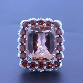 Massive 30.39 Carat Morganite Diamond Garnet 18k White Gold Cocktail Ring