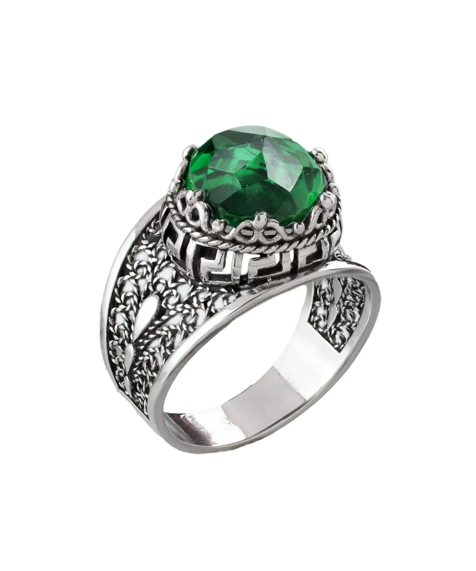 Meander Pattern Filigree Silver Ring with Peridot - Elegant Cocktail Piece, Vibrant Peridot Gemstone, Elegant Gift Choice