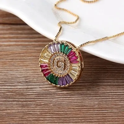 Micro Pave Rainbow Sun Necklace with Initial A-Z Cubic Zircon in Gold Color