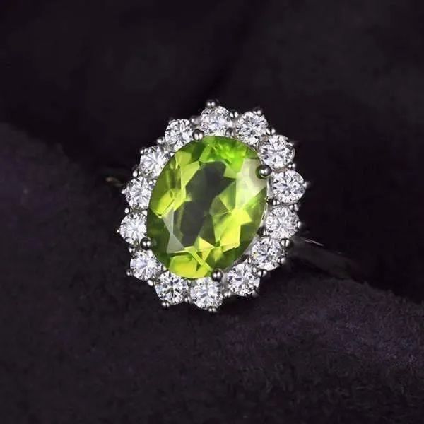 Milan Green Halo Oval Cut 2.5CT Genuine Peridot IOBI Precious Gems Ring