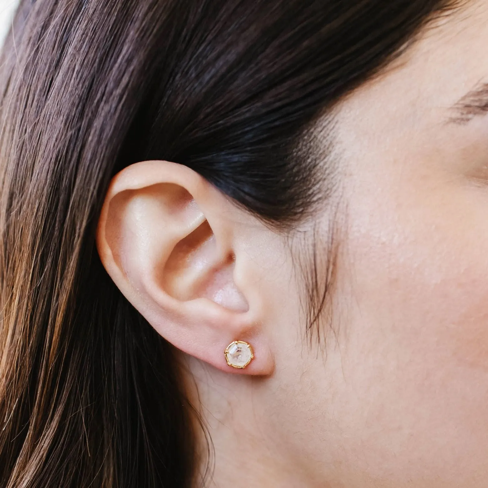 Mini Grace Hexagon Stud Earrings - Rainbow Moonstone & Gold