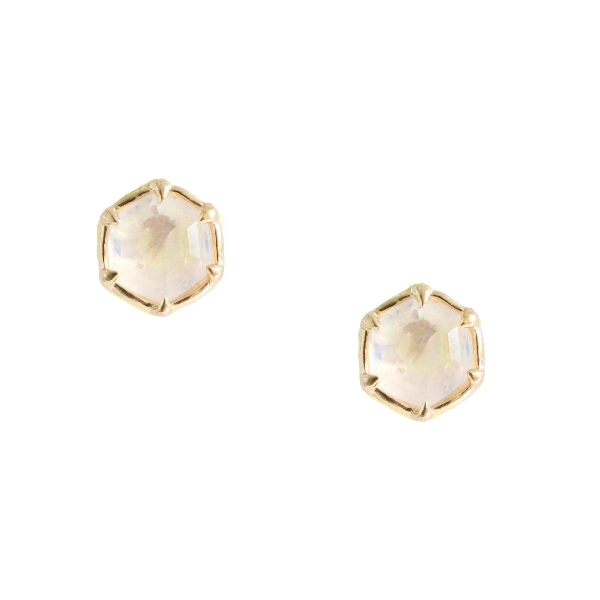 Mini Grace Hexagon Stud Earrings - Rainbow Moonstone & Gold