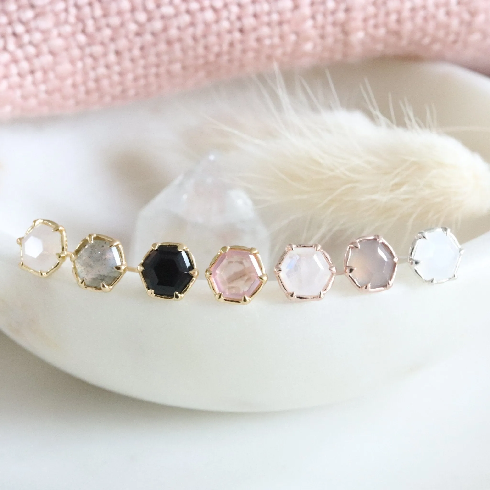 Mini Grace Hexagon Stud Earrings - Rainbow Moonstone & Gold