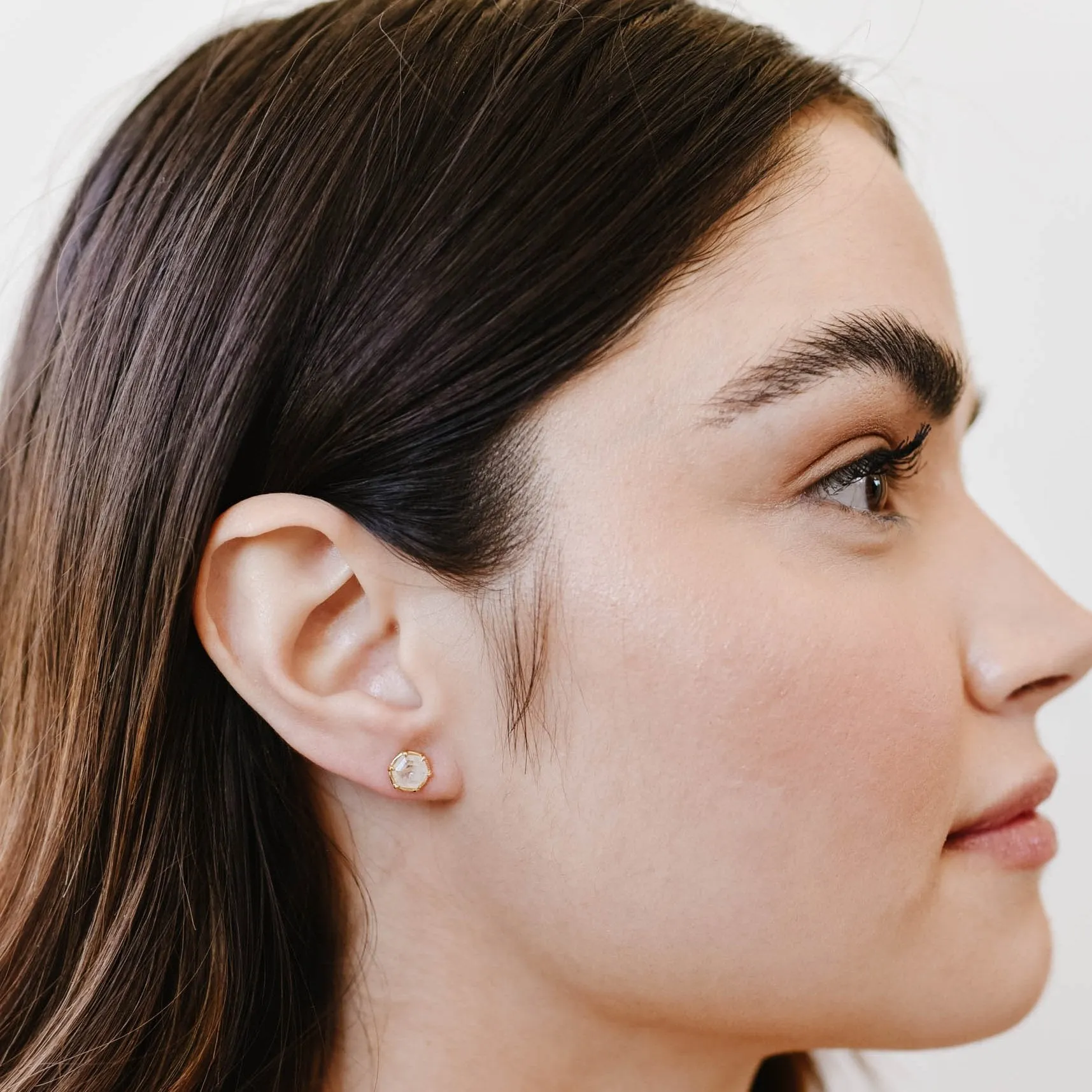 Mini Grace Hexagon Stud Earrings - Rainbow Moonstone & Gold