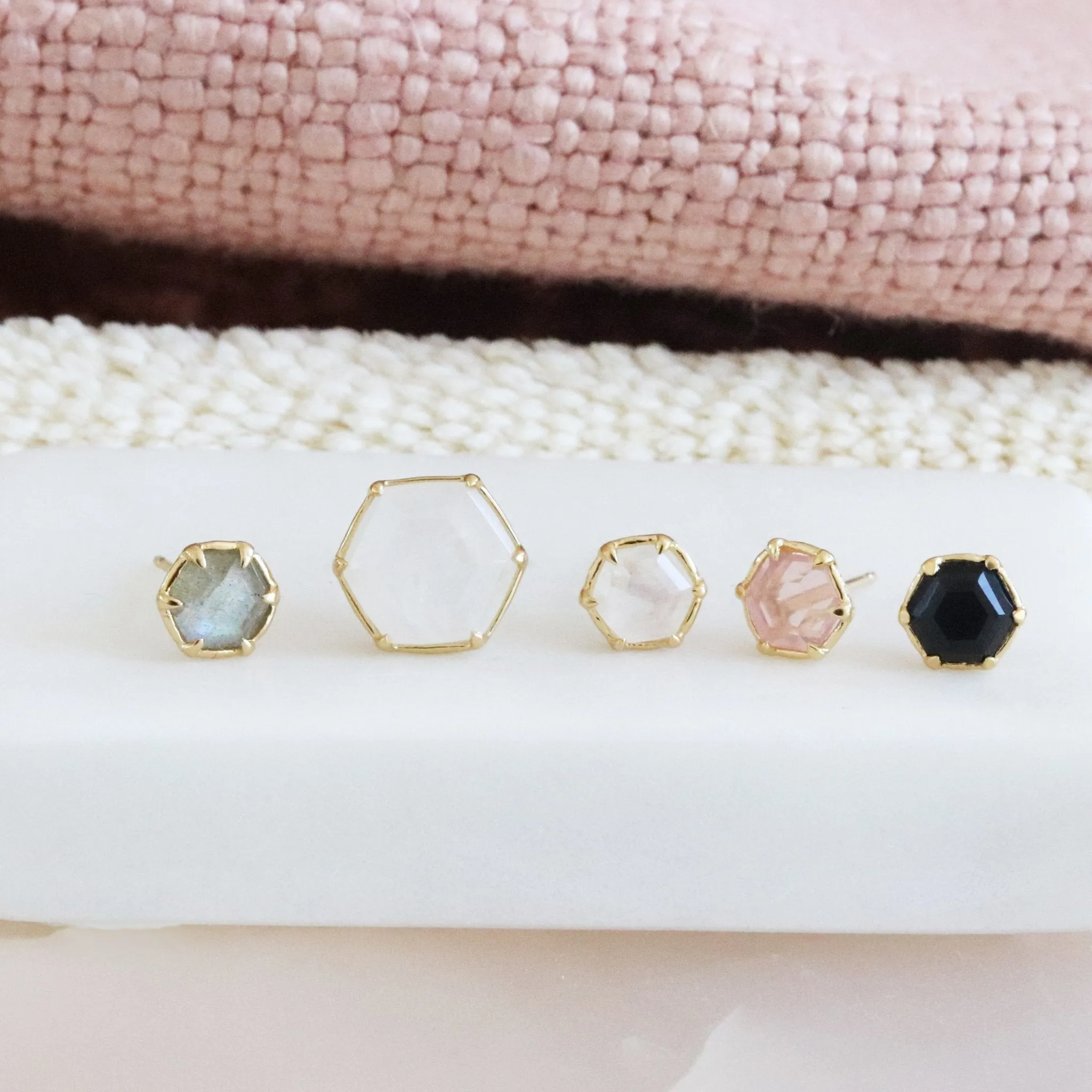 Mini Grace Hexagon Stud Earrings - Rainbow Moonstone & Gold