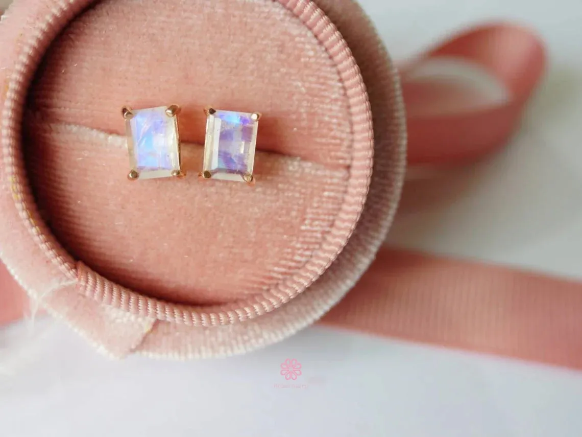 Natural Emerald Cut Rainbow Moonstone Solitaire Studs - 14k Gold Vermeil Studs