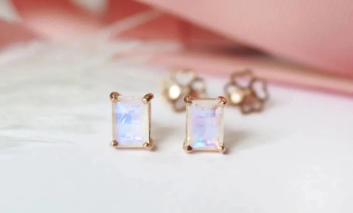 Natural Emerald Cut Rainbow Moonstone Solitaire Studs - 14k Gold Vermeil Studs