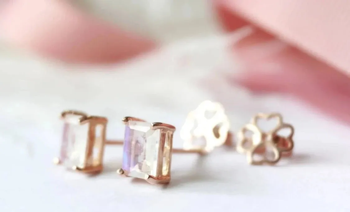 Natural Emerald Cut Rainbow Moonstone Solitaire Studs - 14k Gold Vermeil Studs