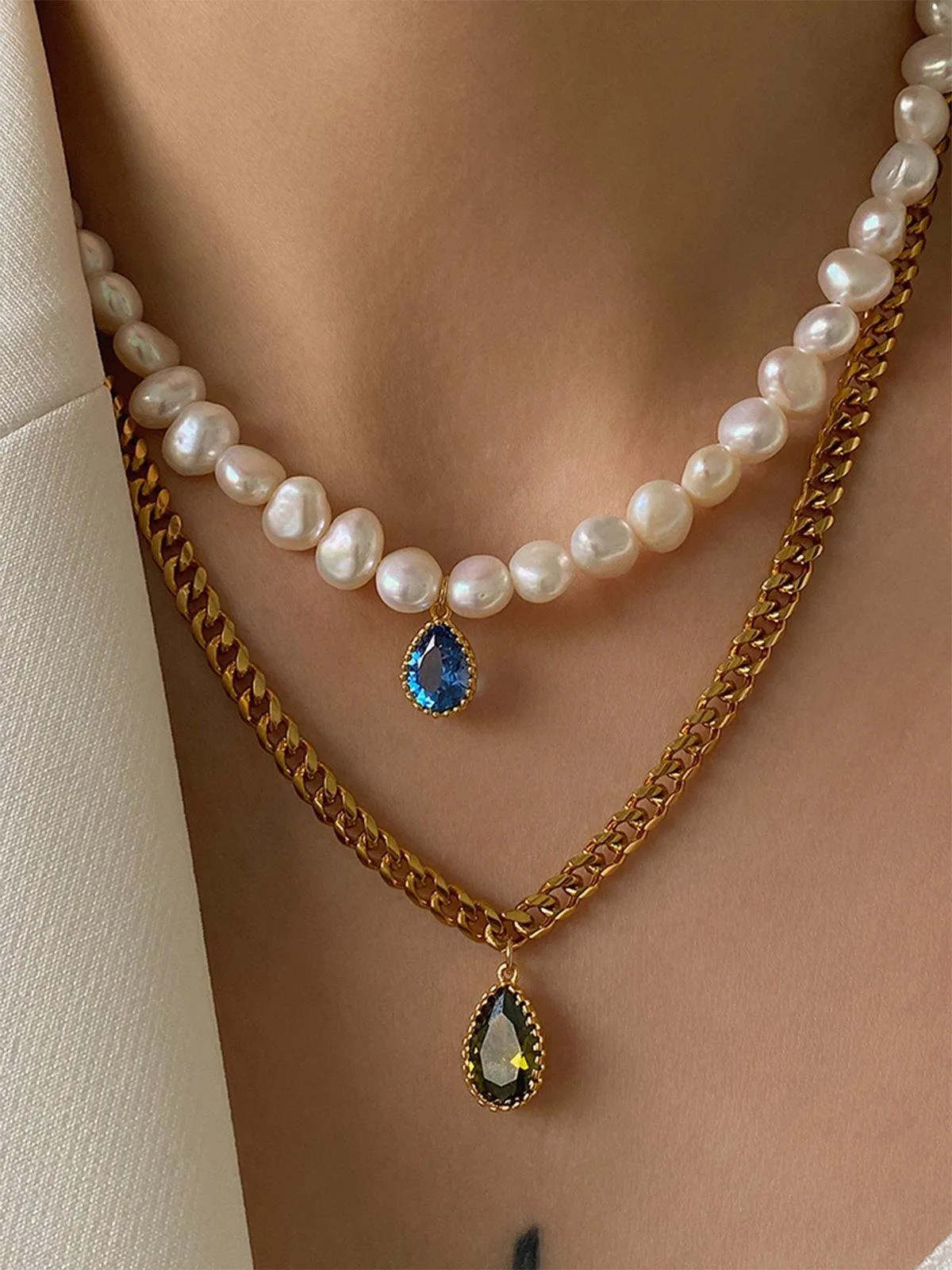 Natural Freshwater Pearl and Zircon Drop Necklace