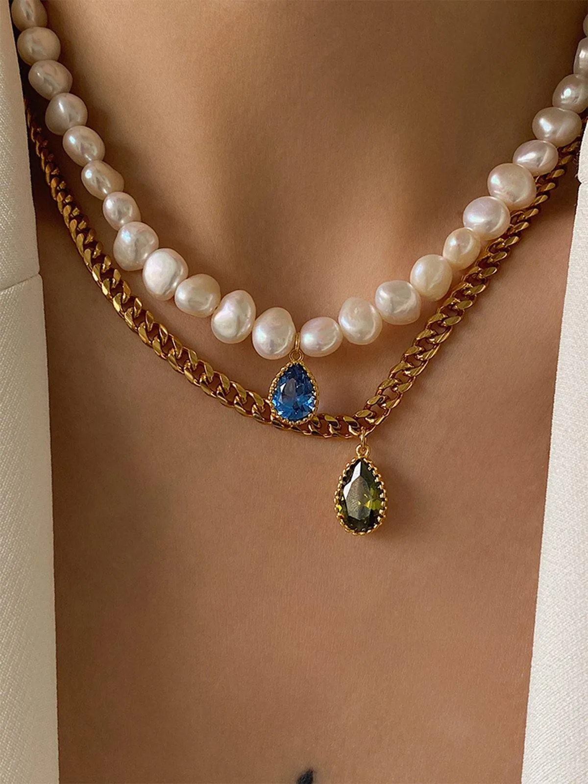 Natural Freshwater Pearl and Zircon Drop Necklace