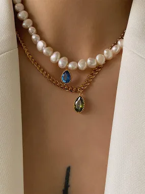 Natural Freshwater Pearl and Zircon Drop Necklace
