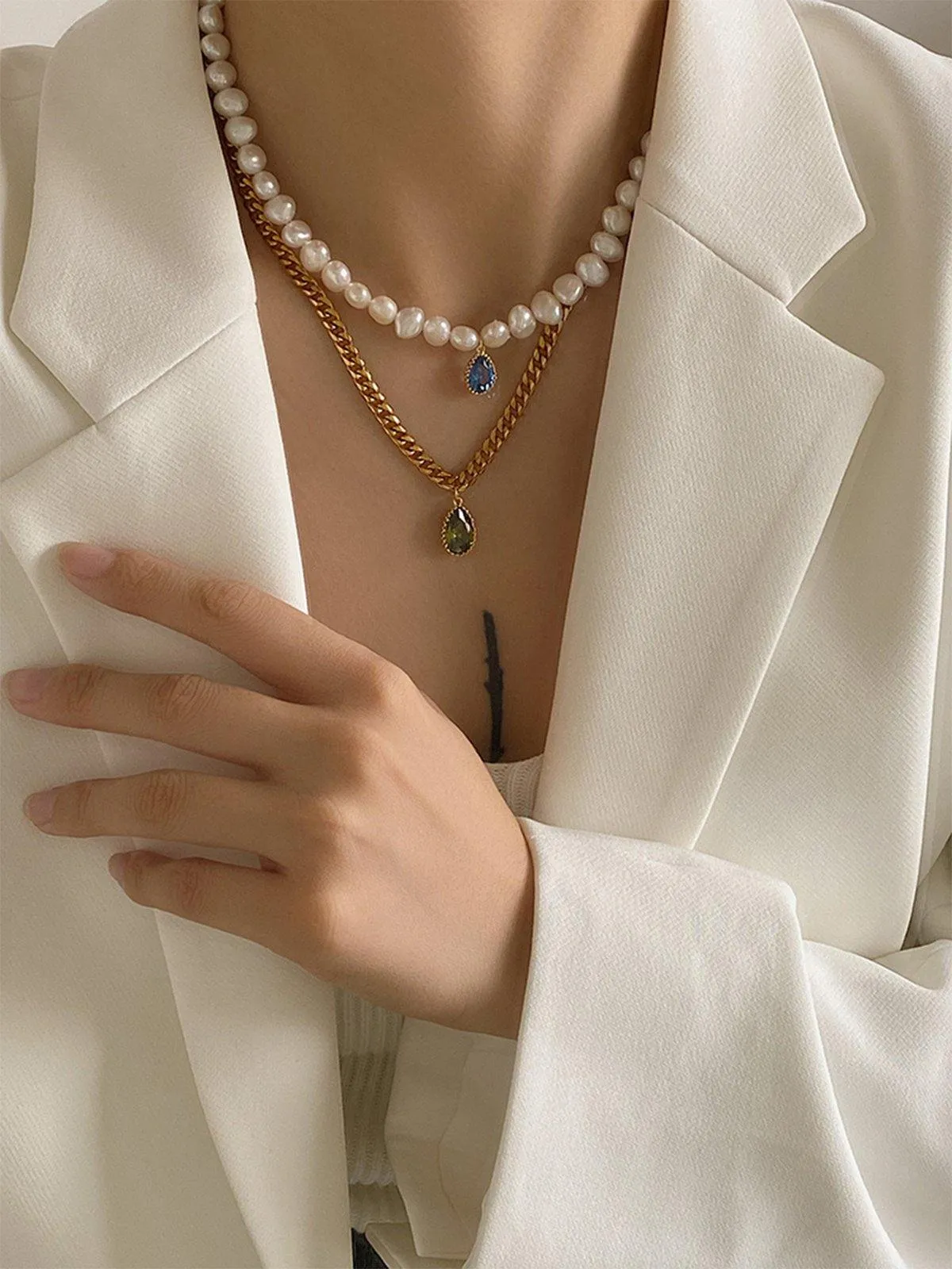 Natural Freshwater Pearl and Zircon Drop Necklace