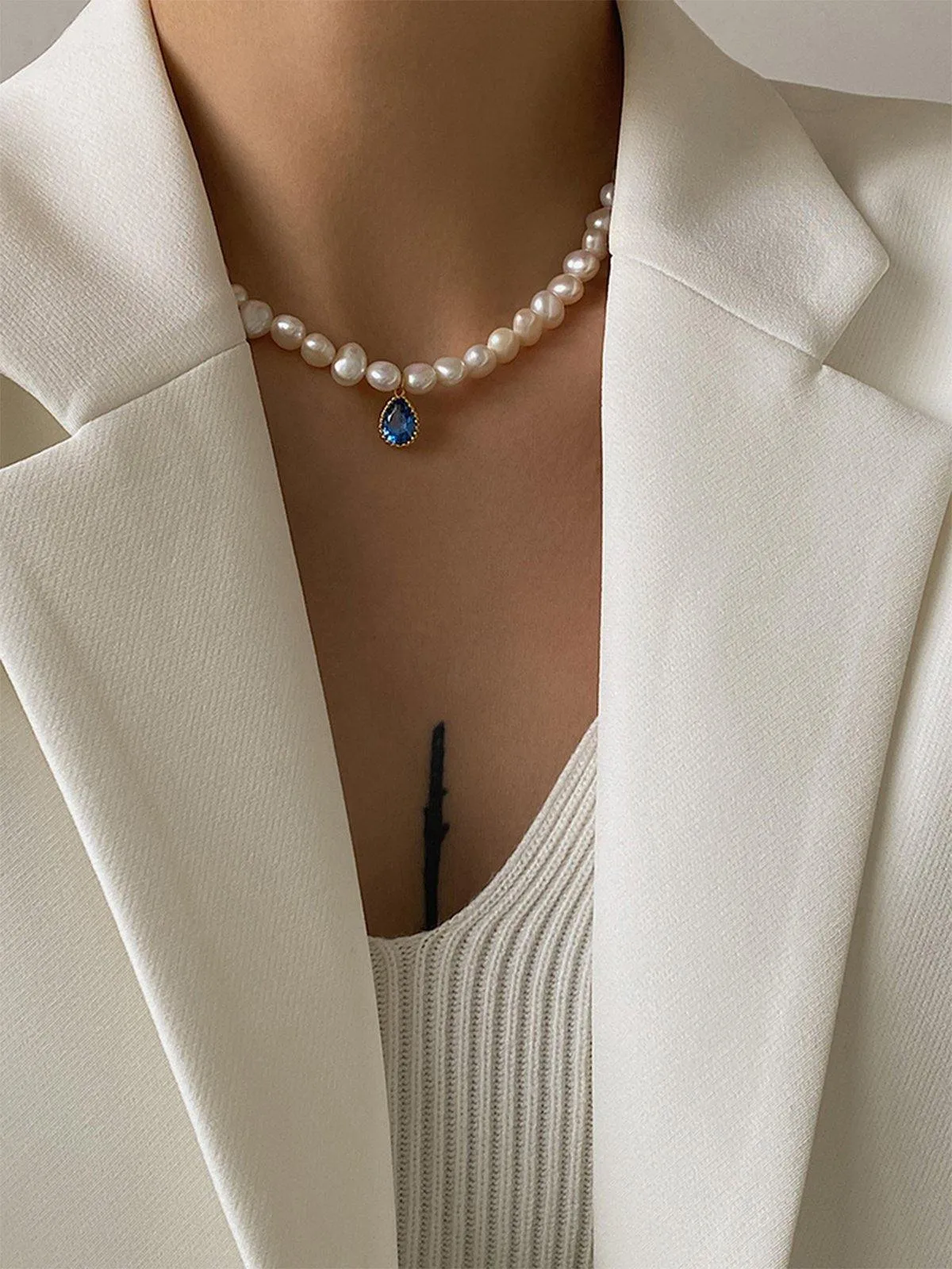 Natural Freshwater Pearl and Zircon Drop Necklace