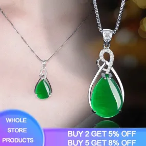 Natural Green Chalcedony Pendant Tibetan Silver  Necklace Agate Jade Peridot Bizuteria for Women  Pendant Jewelry