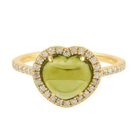 Natural Peridot Pave Diamond Heart Shaped Cocktail Ring In 14k Yellow Gold