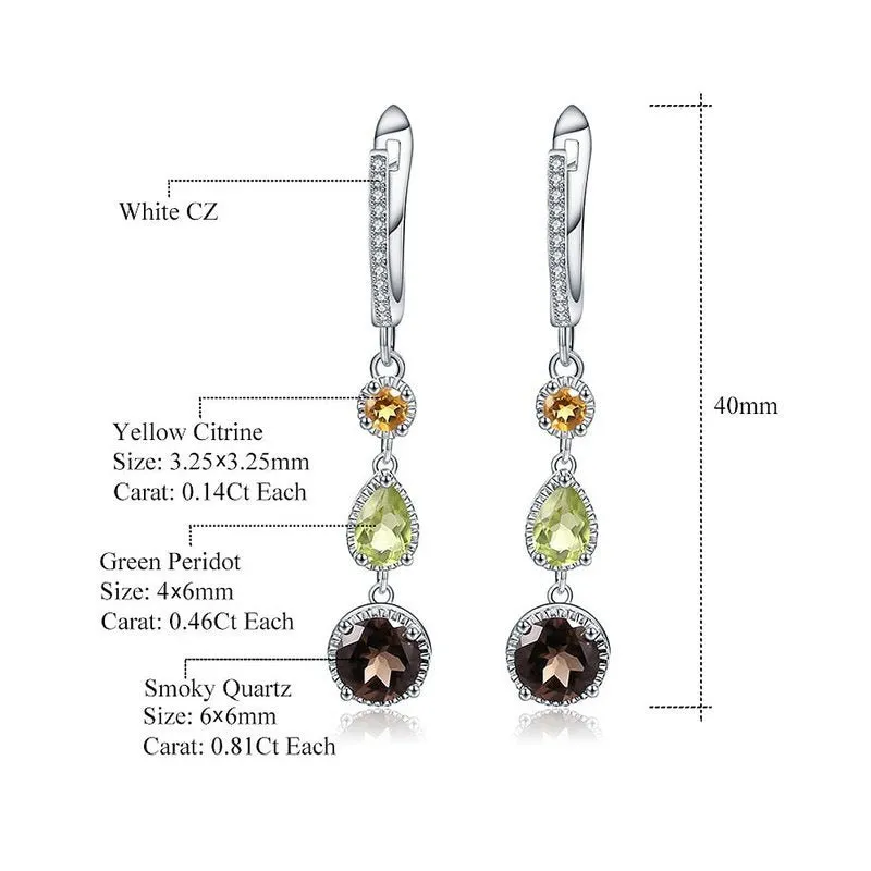 Natural Smoky Quartz, Citrine & Peridot in S925 Earrings