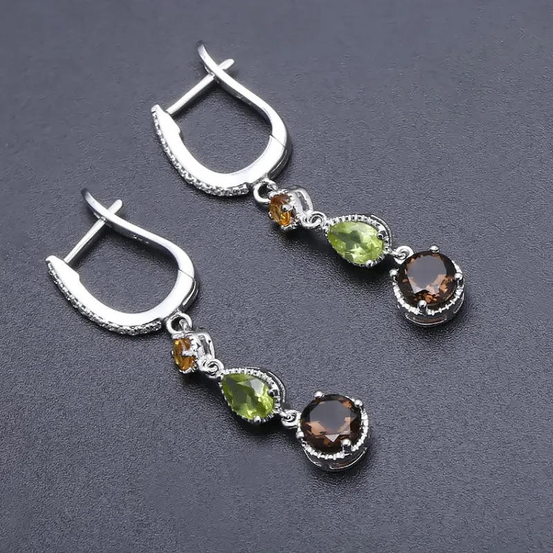 Natural Smoky Quartz, Citrine & Peridot in S925 Earrings