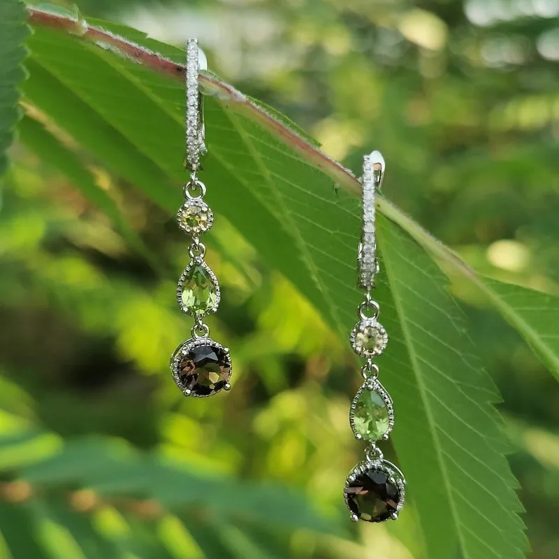 Natural Smoky Quartz, Citrine & Peridot in S925 Earrings