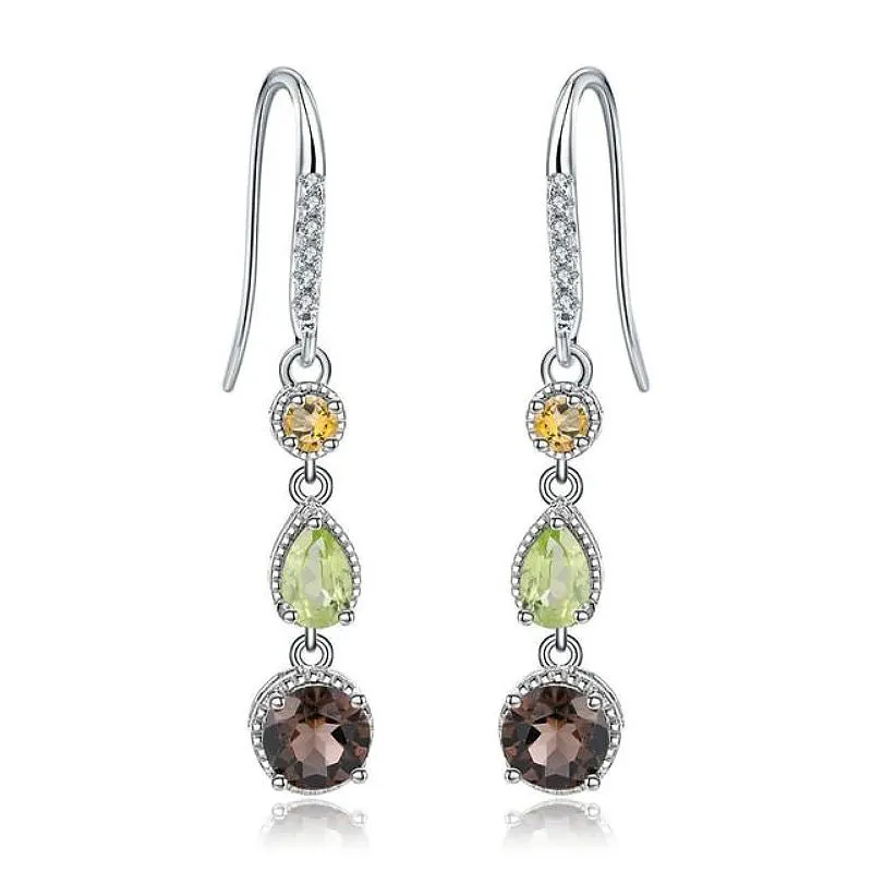 Natural Smoky Quartz, Citrine & Peridot in S925 Earrings