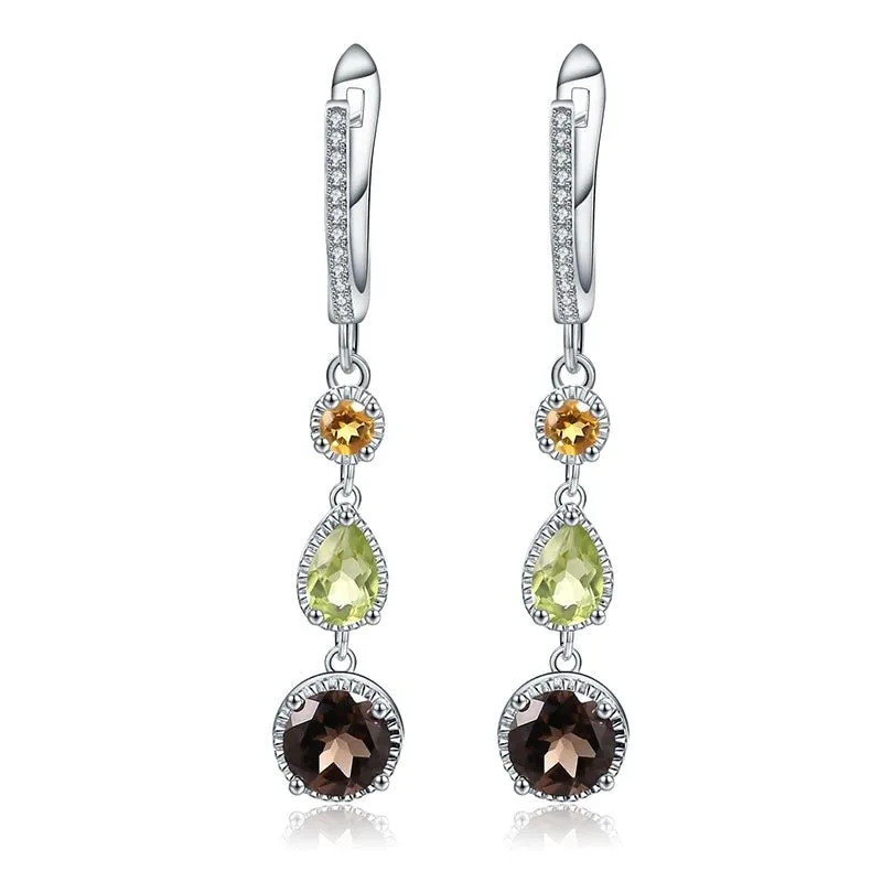 Natural Smoky Quartz, Citrine & Peridot in S925 Earrings
