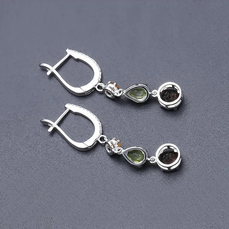 Natural Smoky Quartz, Citrine & Peridot in S925 Earrings