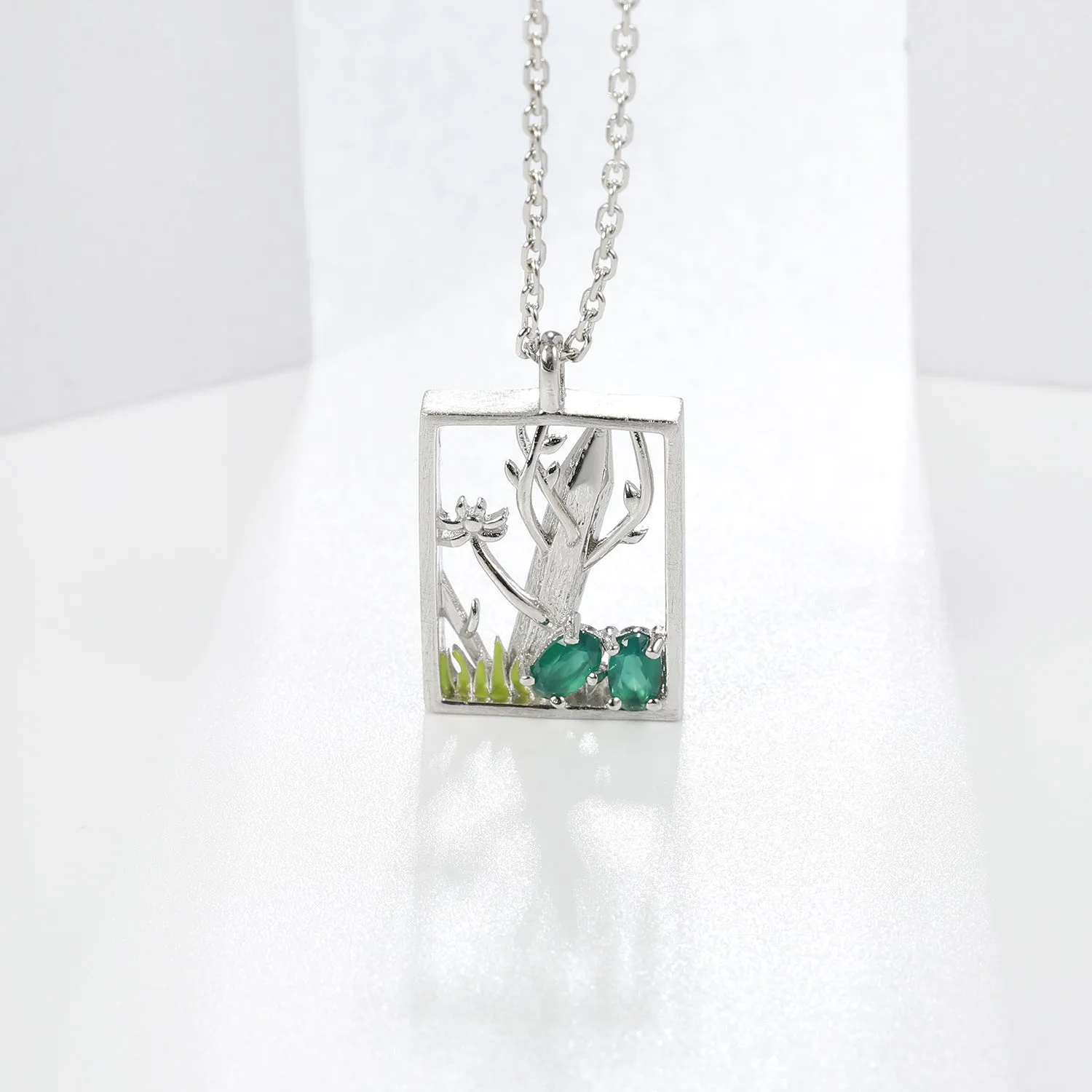 Natural Style Colourful Gemstone Rectangle with Forest Pendant Silver Necklace for Women