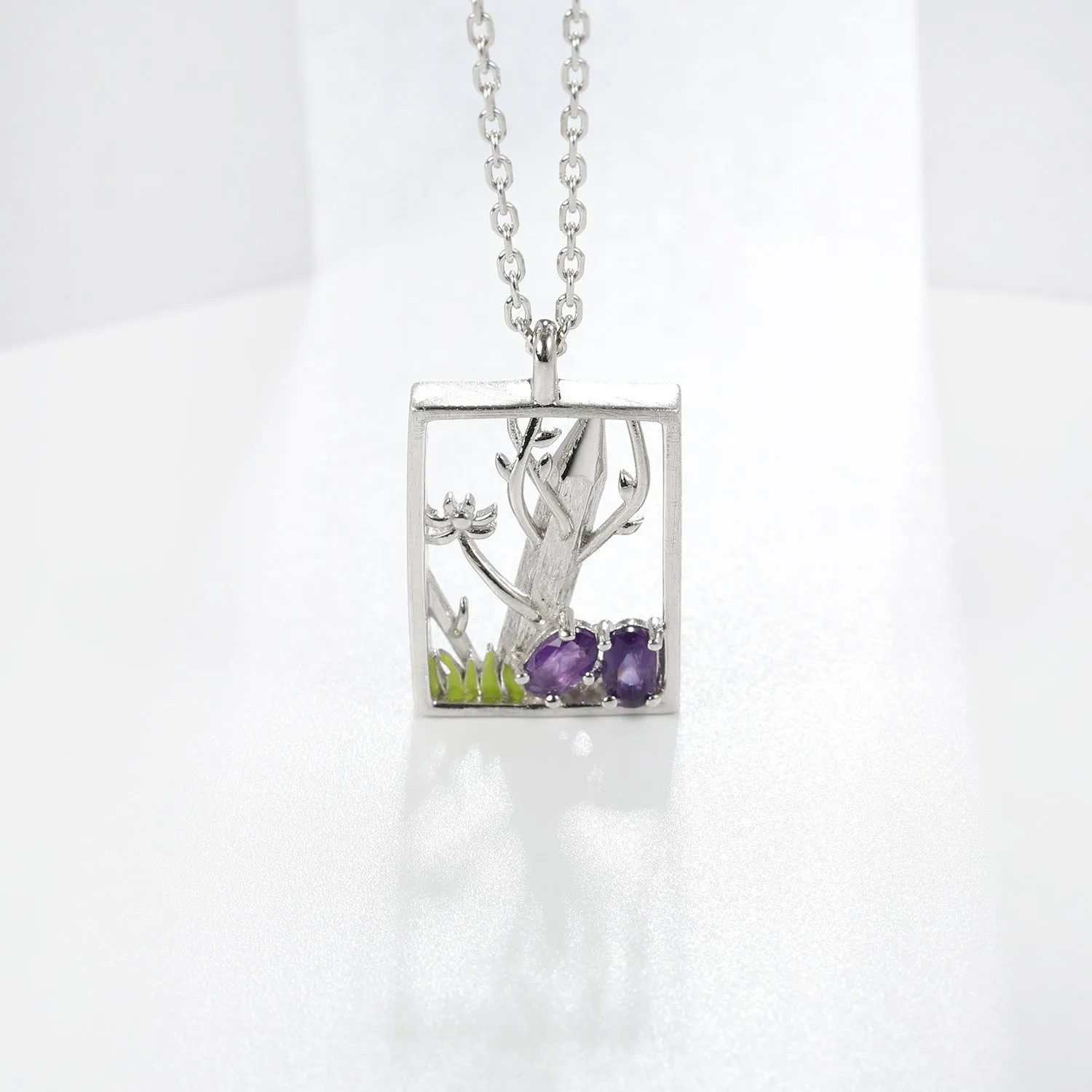 Natural Style Colourful Gemstone Rectangle with Forest Pendant Silver Necklace for Women