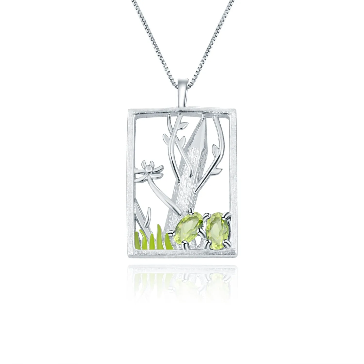 Natural Style Colourful Gemstone Rectangle with Forest Pendant Silver Necklace for Women