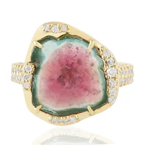 Natural Tourmaline Diamond Cocktail Ring Anniversary Gift In 18k Yellow Gold