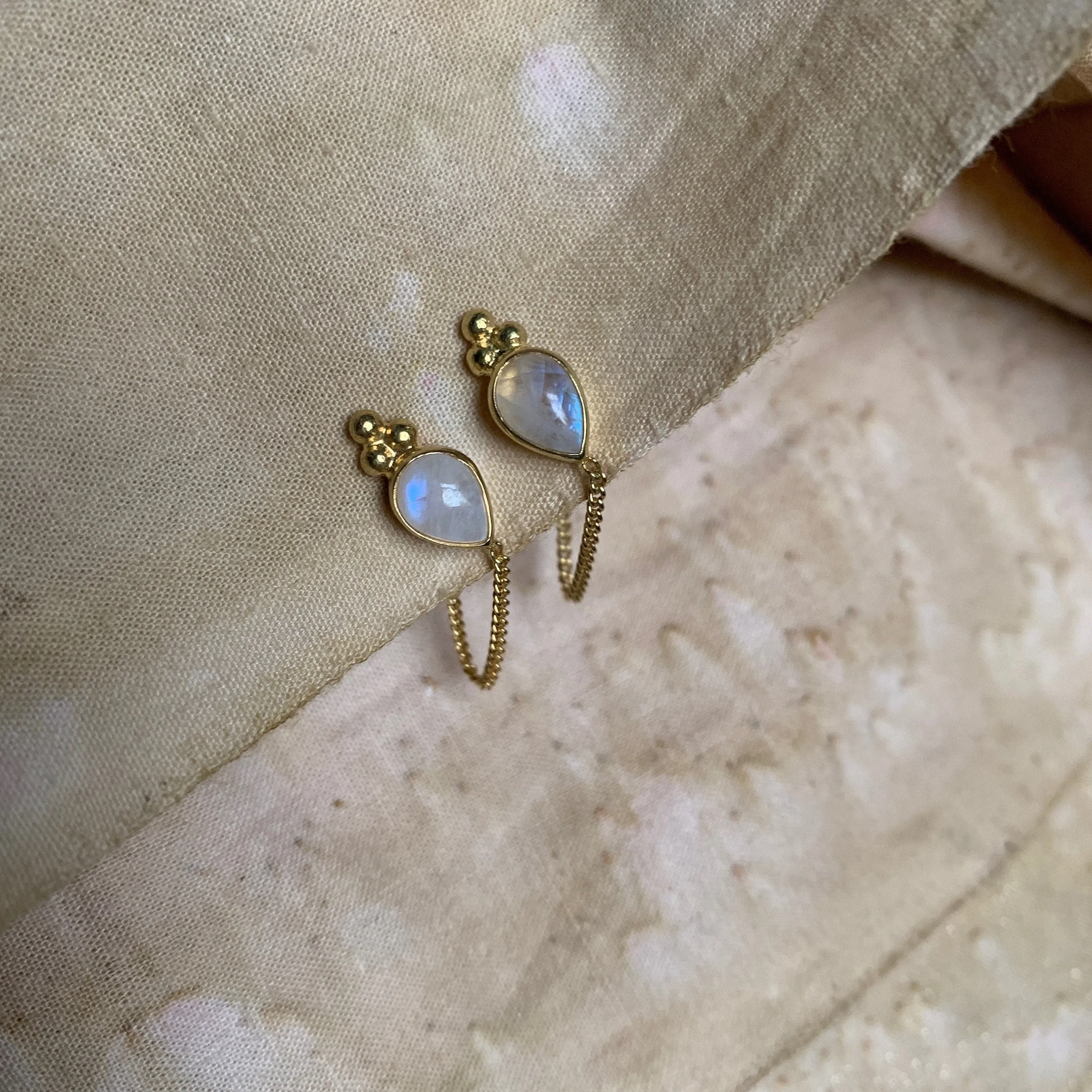 Ophelia Tear Gold Rainbow Moonstone Earrings