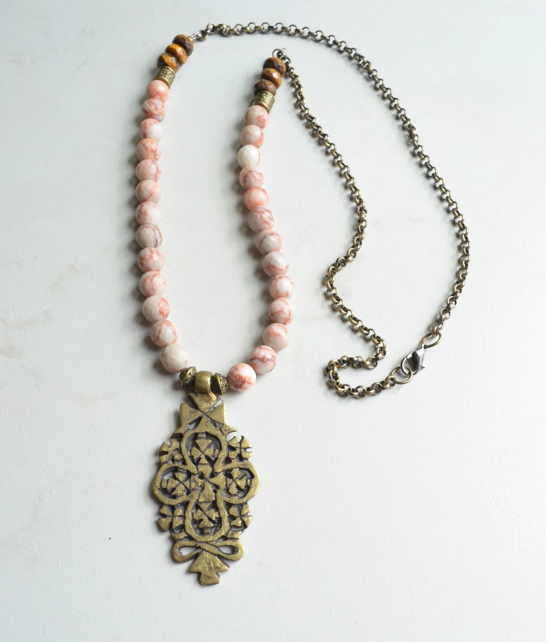 Orange Brown Long Beaded Ethiopian Cross Boho Statement Necklace - Imi