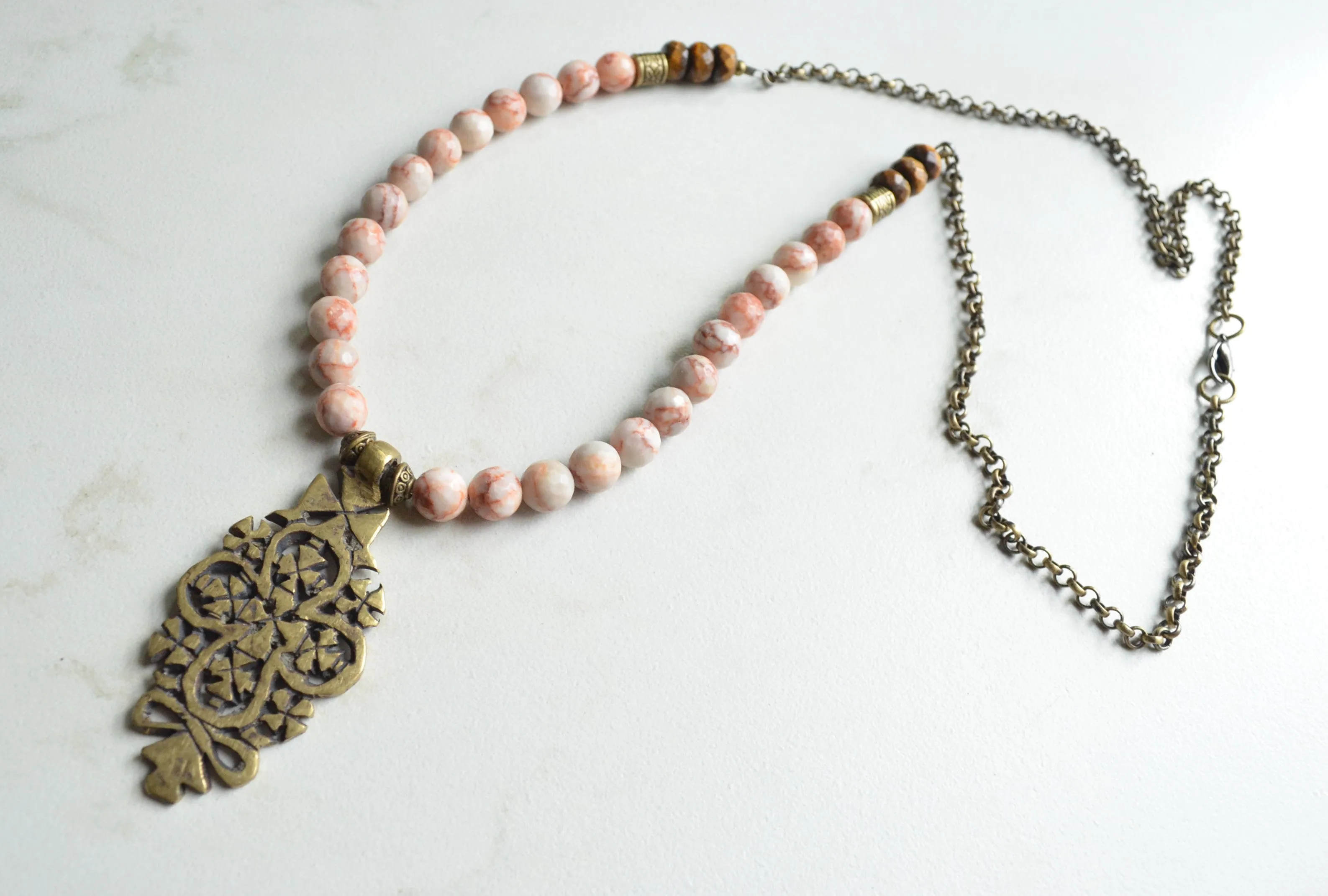 Orange Brown Long Beaded Ethiopian Cross Boho Statement Necklace - Imi