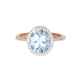 Oval Aquamarine and Diamond Halo Ring in 18k Rose Gold