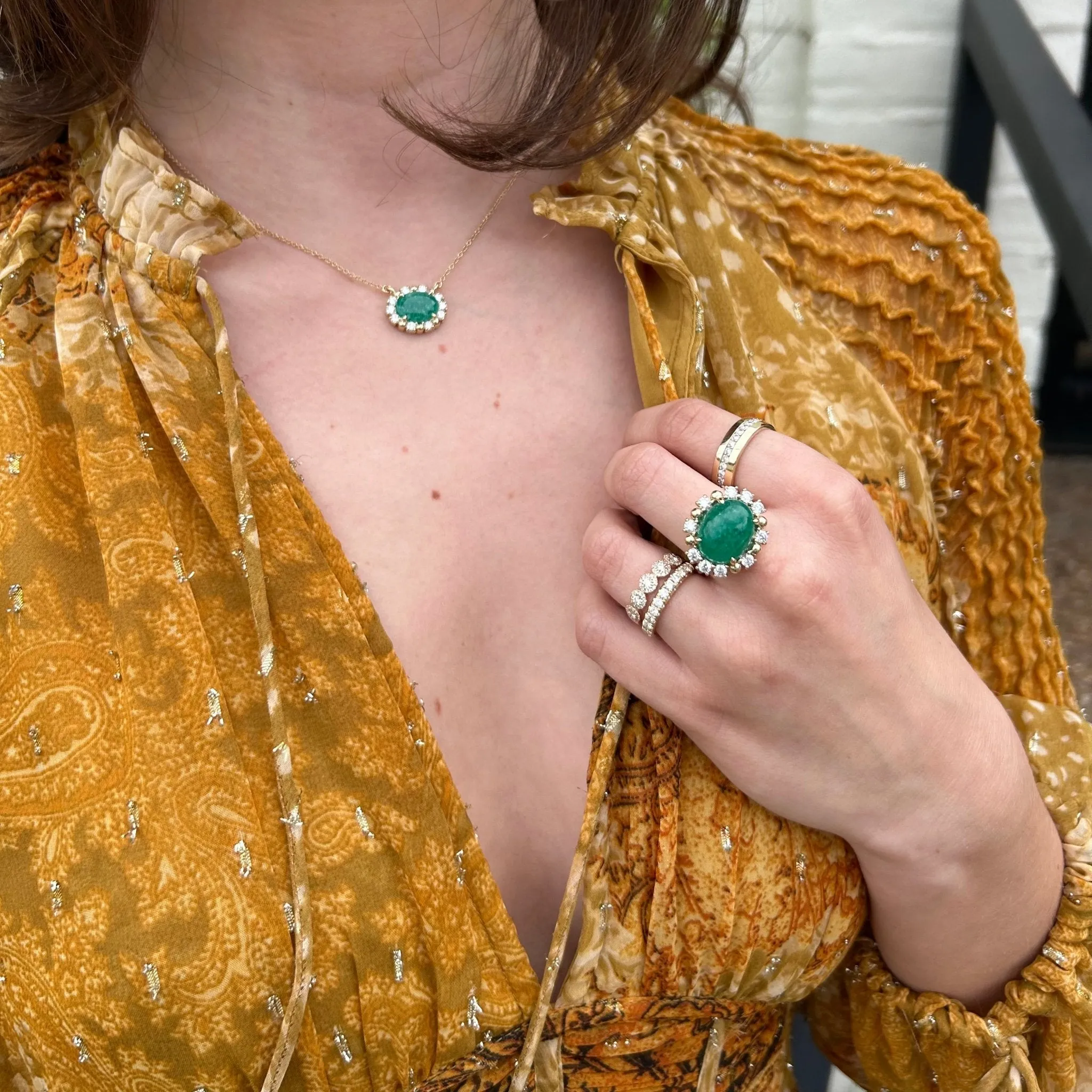 Oval Emerald with Diamond and Gold Bead Halo Necklace