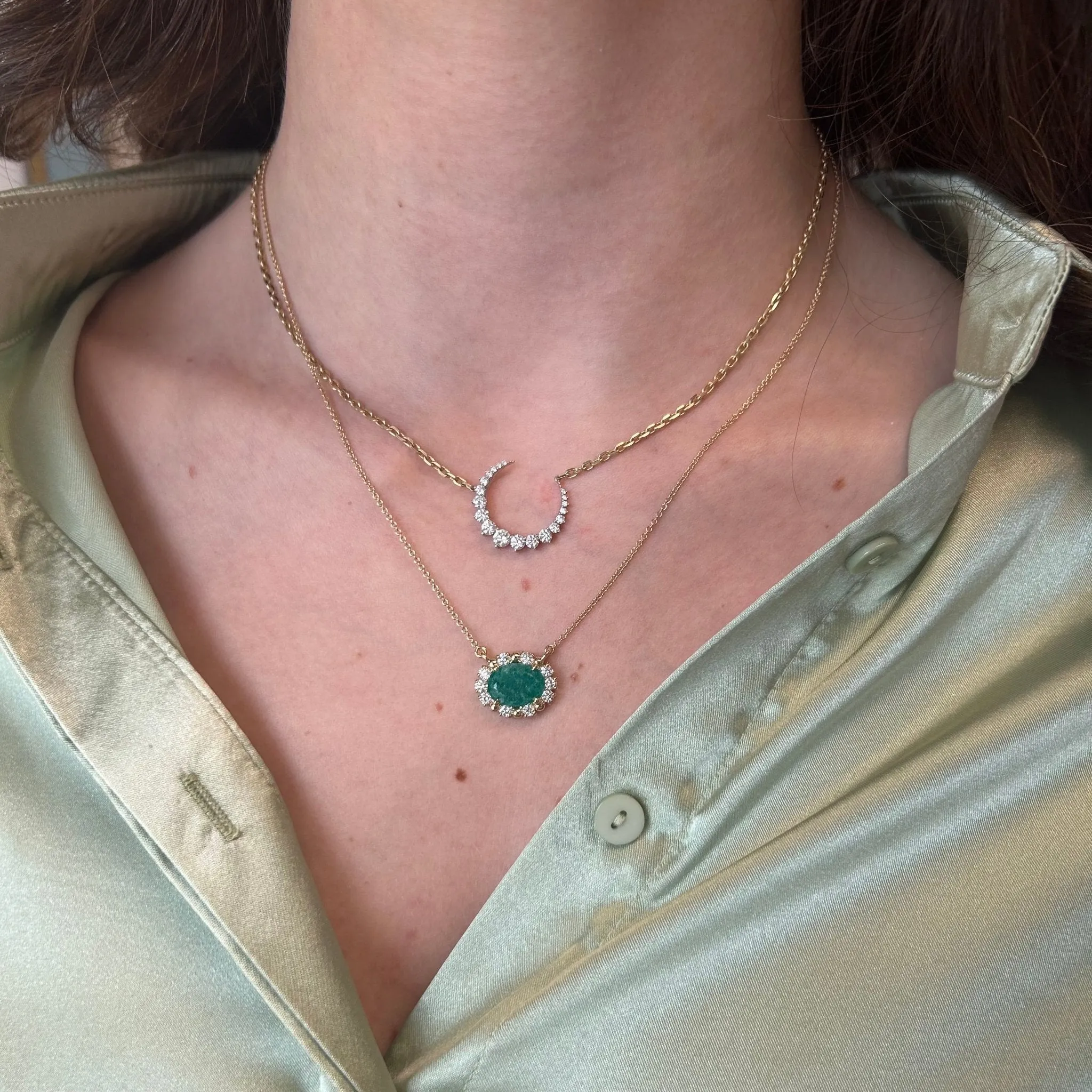 Oval Emerald with Diamond and Gold Bead Halo Necklace