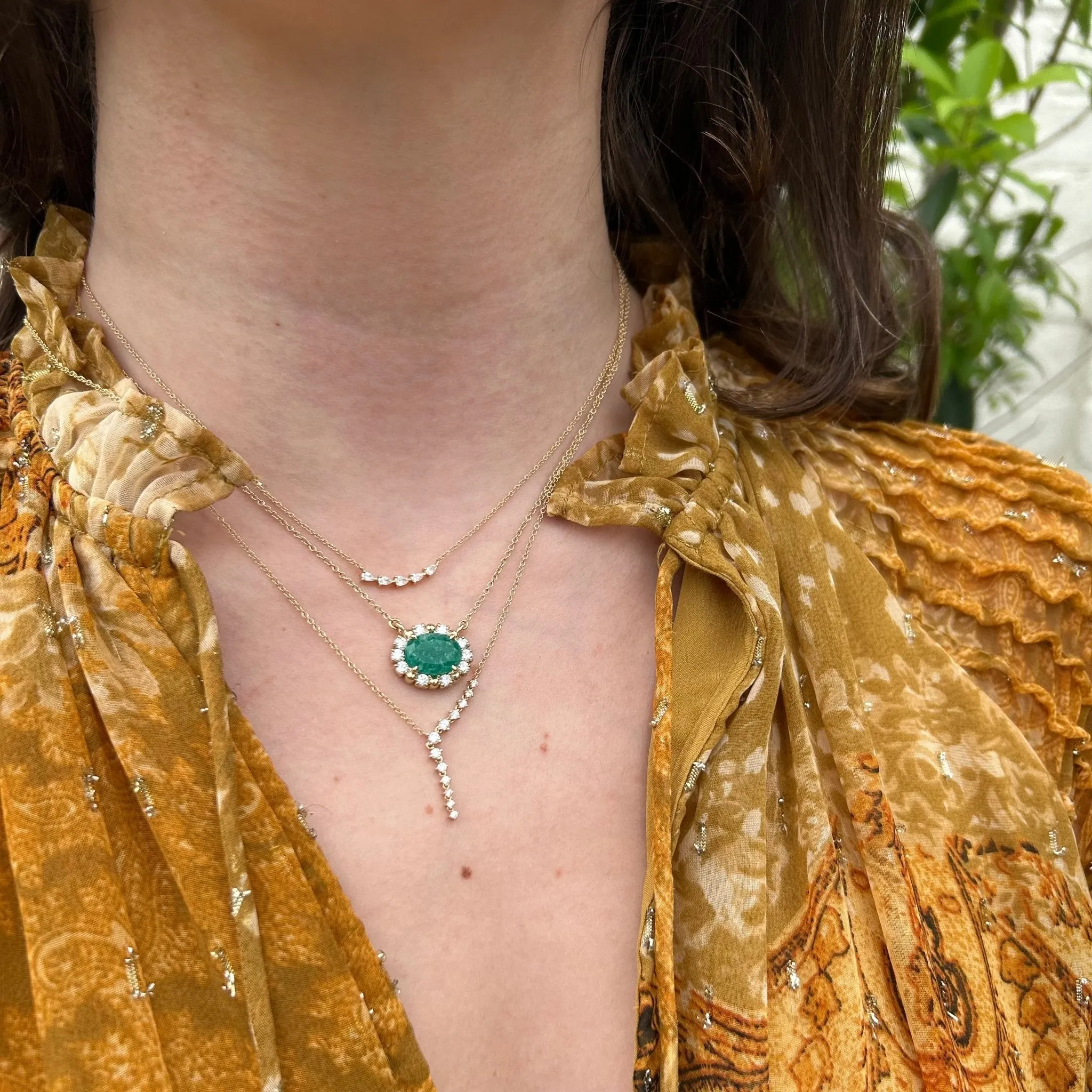 Oval Emerald with Diamond and Gold Bead Halo Necklace