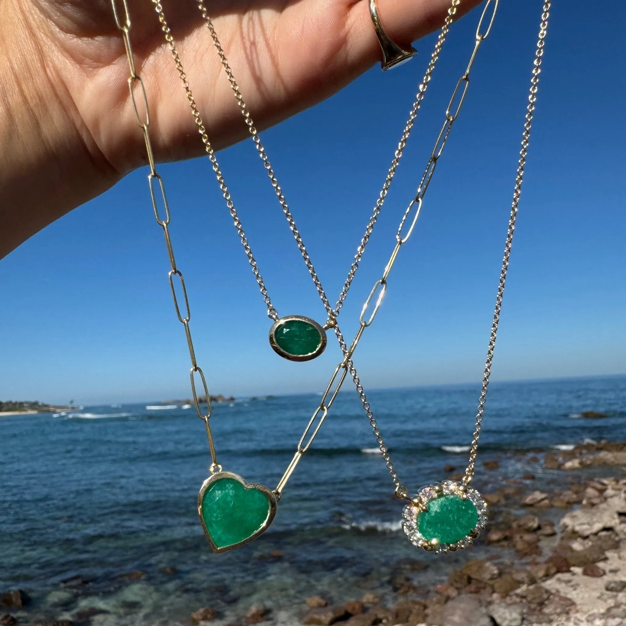 Oval Emerald with Diamond and Gold Bead Halo Necklace