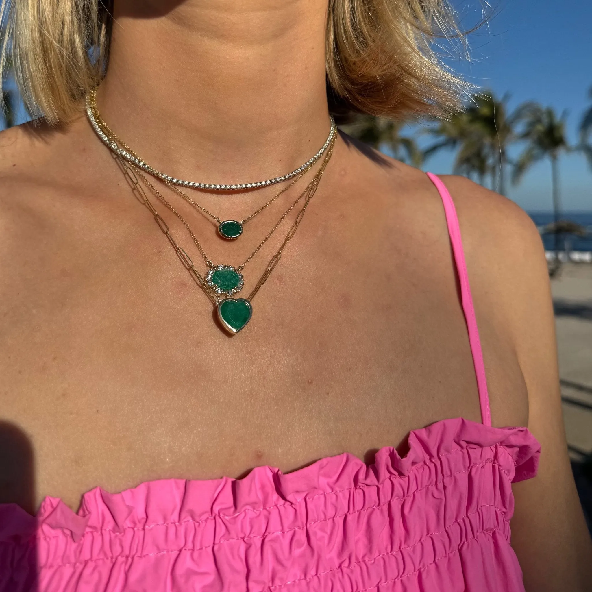 Oval Emerald with Diamond and Gold Bead Halo Necklace