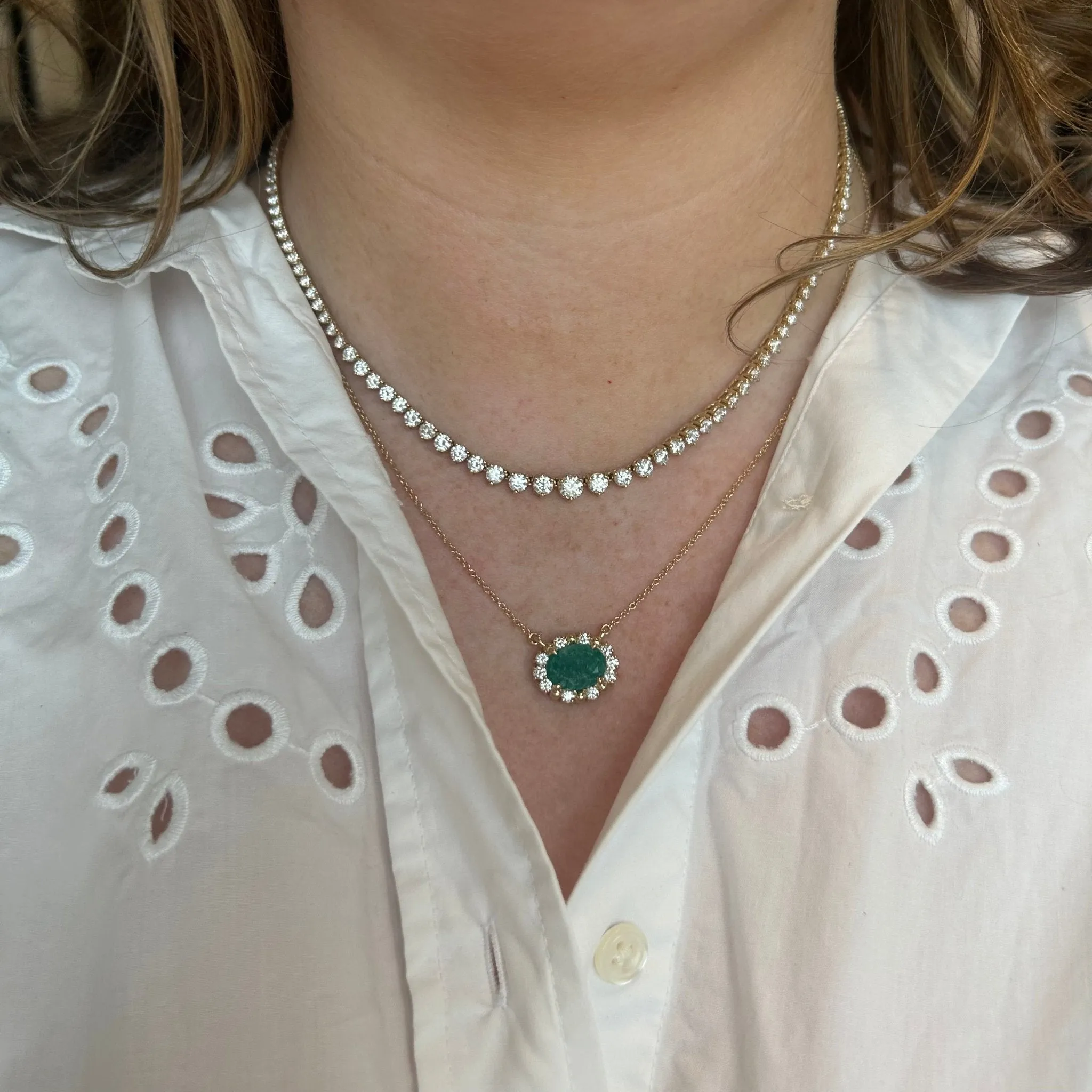Oval Emerald with Diamond and Gold Bead Halo Necklace
