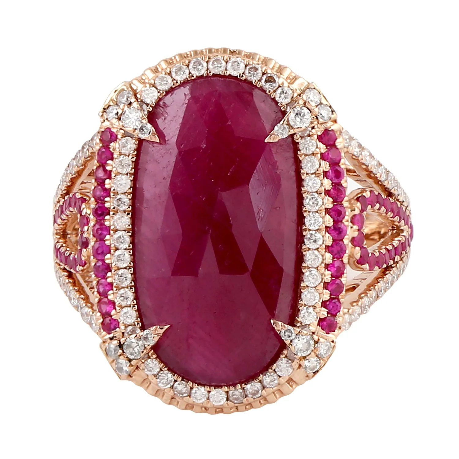 Oval Ruby Pave Diamond Beautiful Wedding Gift Ring In 18k Rose Gold For Women