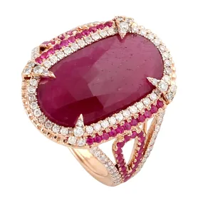 Oval Ruby Pave Diamond Beautiful Wedding Gift Ring In 18k Rose Gold For Women
