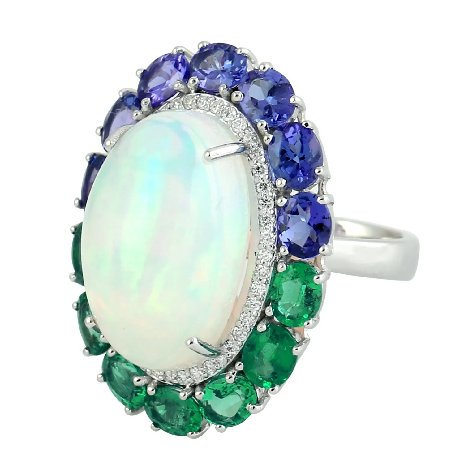 Oval Tanzanite Emerald Pave Diamond Opal Ethopian Cocktail Ring In 18k White Gold For Her